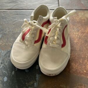 Vans gym shoes. White with red.